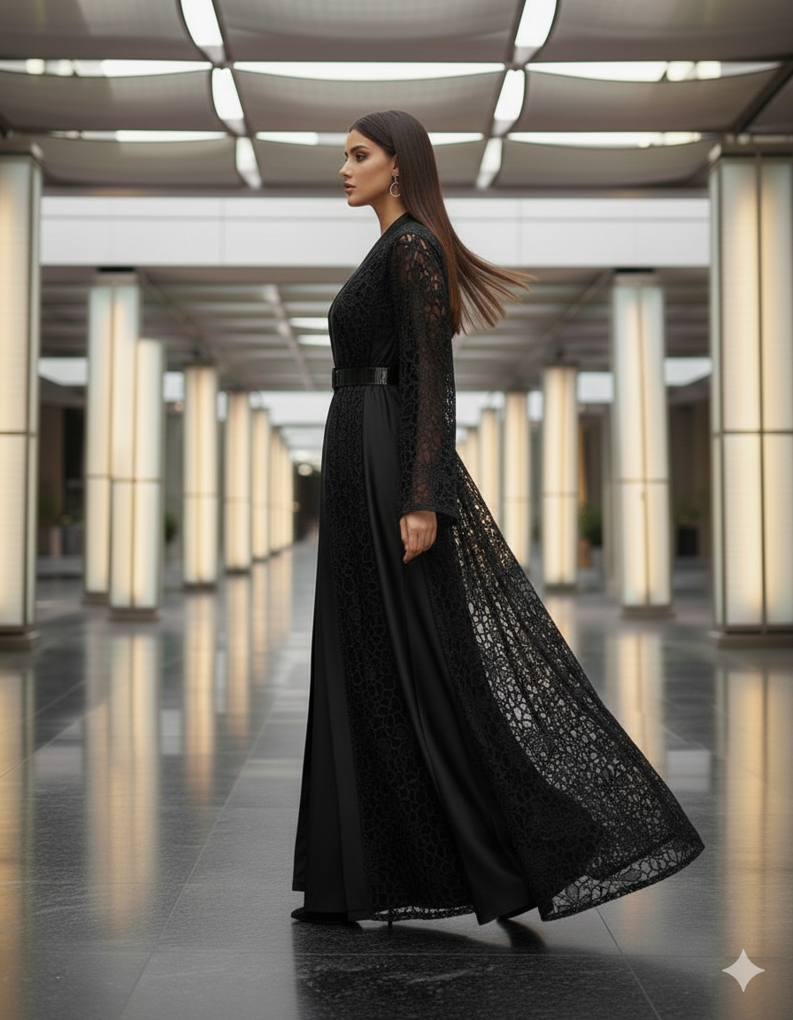 عباية "ليال" الفاخرة - مزيج الدانتيل والساتان الملكي