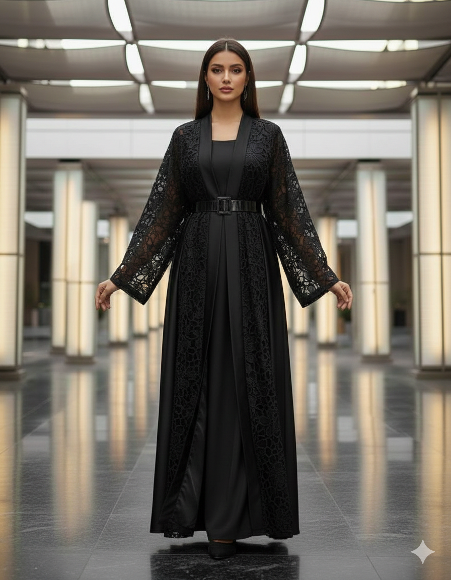 عباية "ليال" الفاخرة - مزيج الدانتيل والساتان الملكي