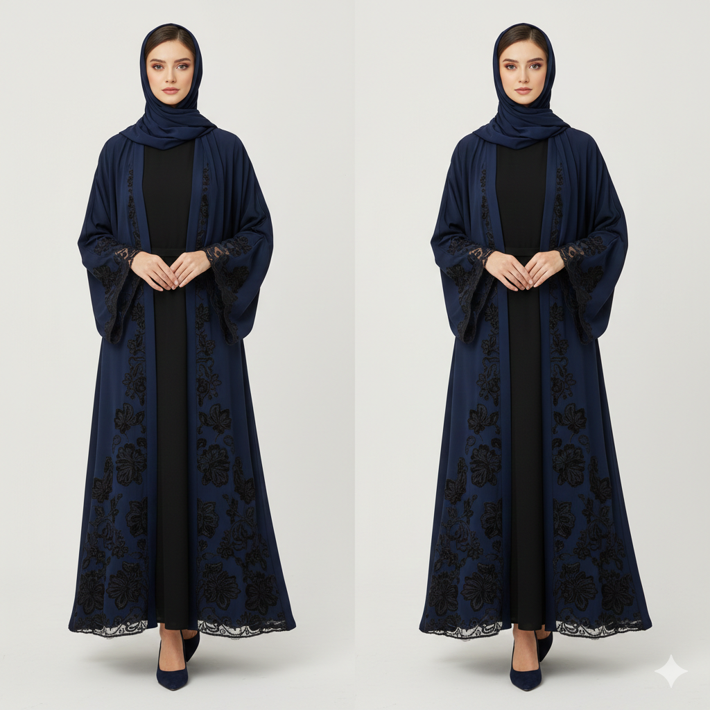 عباية "فخامة المخمل" باللون الكحلي الملكي مع تفاصيل الدانتيل